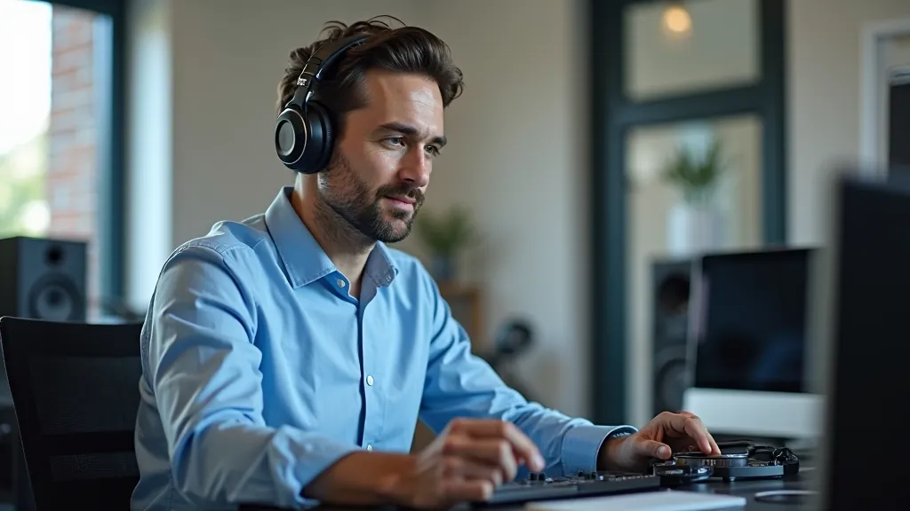 Specialista v kanceláři, který poslechá zákazníka a dělá si poznámky o audio vybavení