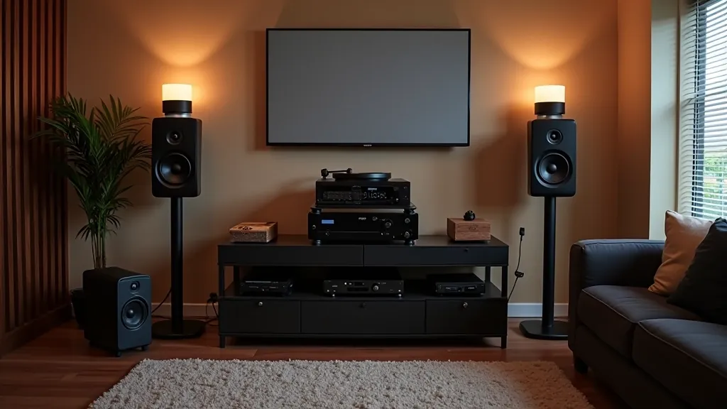 Kompletní audio setup v moderním interiéru s monitory a sluchátky