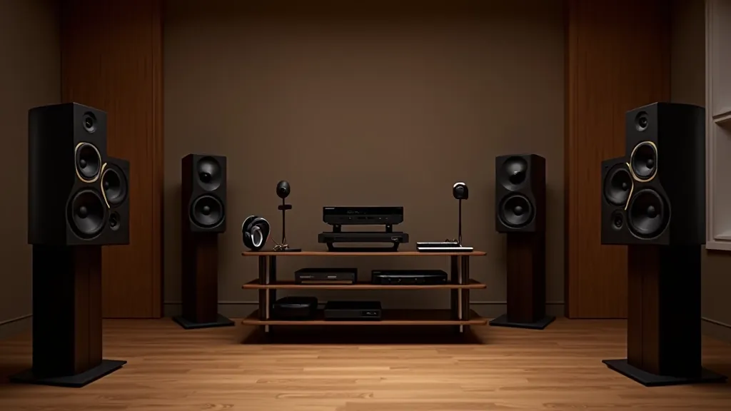 Showroom audiotechniky s vystavenými reproduktory a sluchátky v moderním interiéru