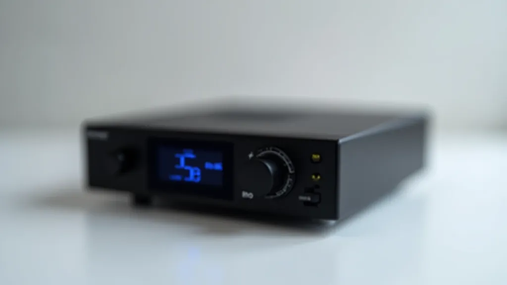 Detail USB DAC zesilovače s displejem a konektory, přední a boční pohled na kvalitní audio zařízení