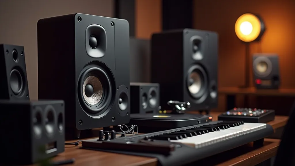 Studio Monitor Elite Pro v moderní hudební produkční místnosti na studiové desce