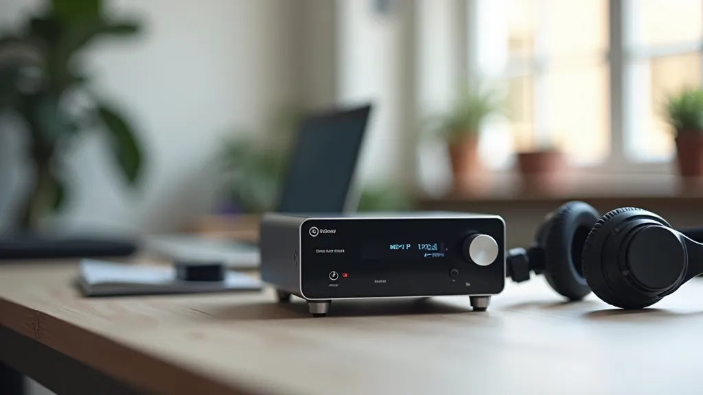 USB DAC zesilovač na pracovním stole vedle počítače, sluchátek a notebooků, moderní domácí audio studio s kvalitním nastavením